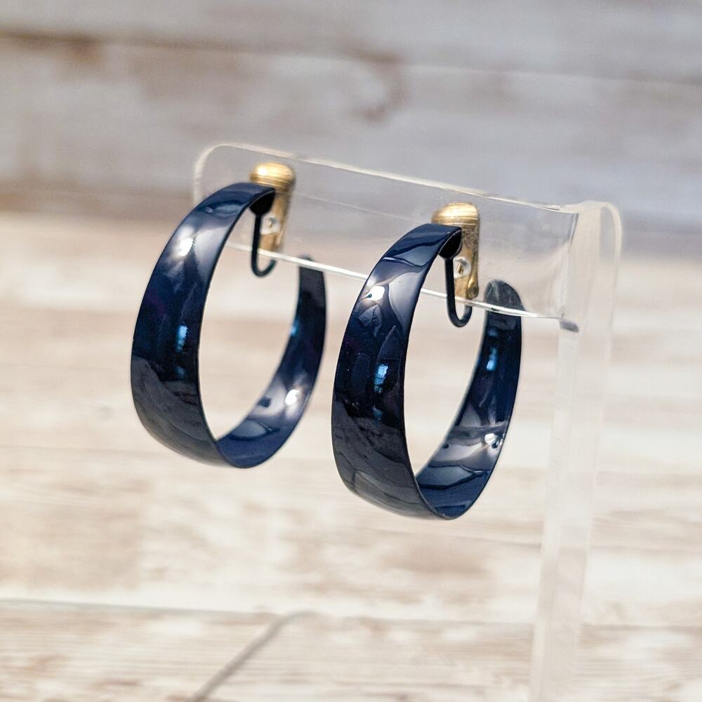 Vintage Clip On Earrings - 1.5" Dark Blue Large Hoops